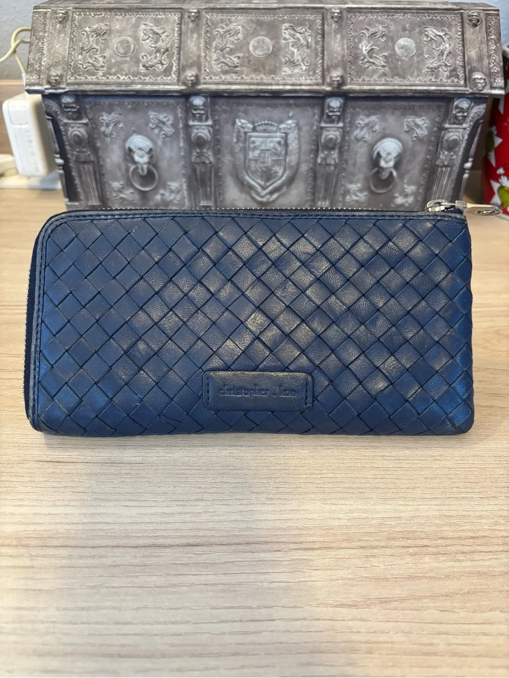 Christopher Kon Navy Woven Leather Zip Wallet